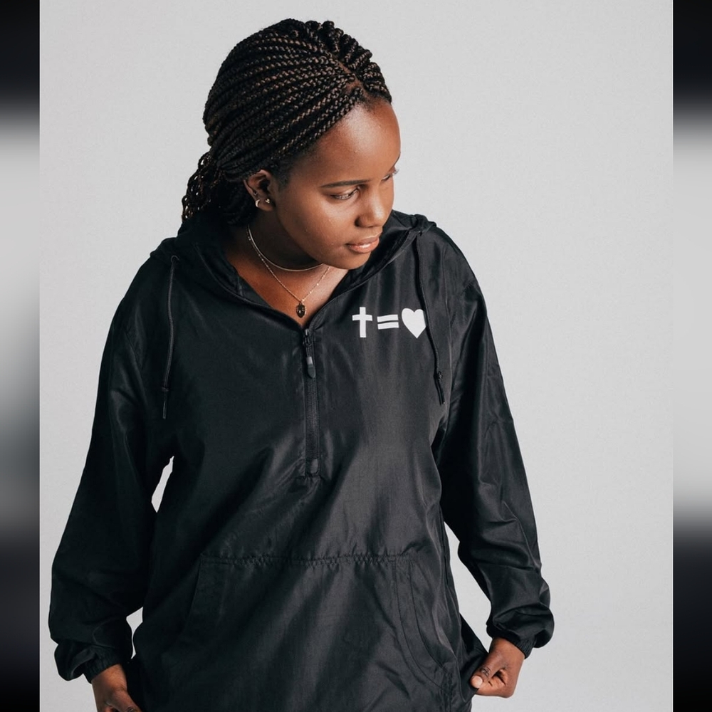 But The Greatest Of These Is Love Windbreaker Hoodie Unisex XL Black & White - Picture 15 of 16